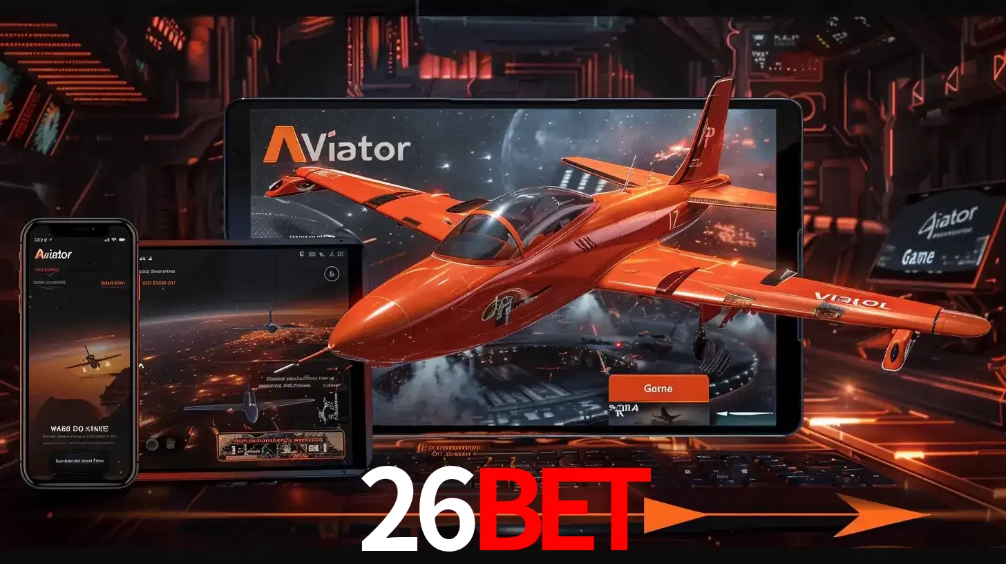 Apresentação tecnológica do jogo Aviator com um avião saindo da tela de um tablet, demonstrando a experiência imersiva em múltiplos dispositivos no 26BET.