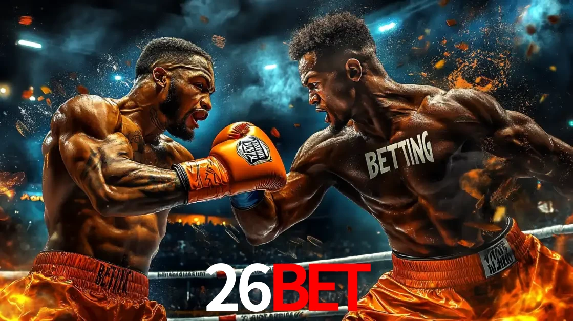 Dois boxeadores em uma luta intensa e explosiva, representando a adrenalina e as oportunidades de apostas em esportes de combate disponíveis na plataforma 26BET.