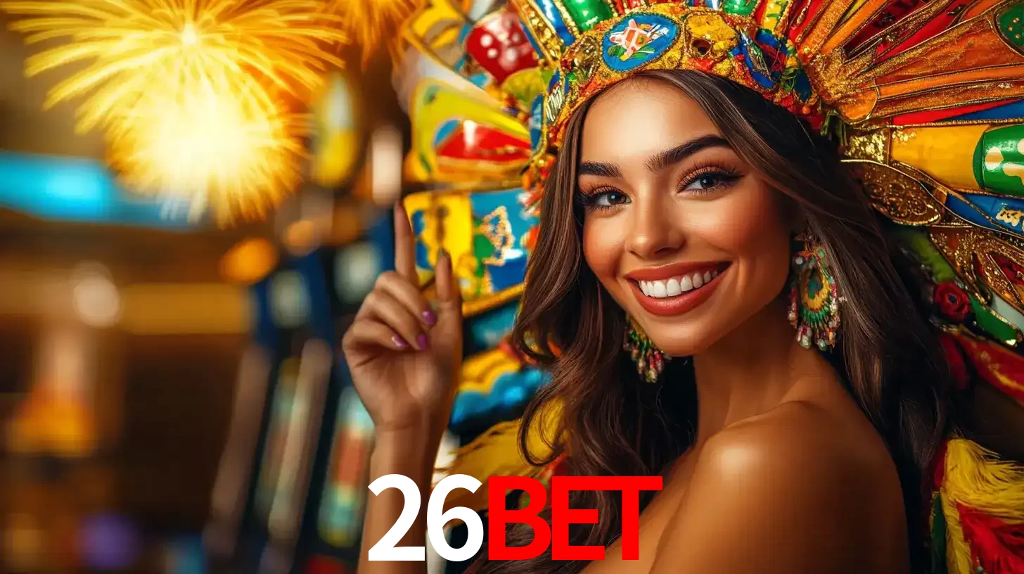 Mulher sorridente com um cocar de carnaval vibrante e colorido, celebrando uma grande vitória nos jogos do cassino 26BET com fogos de artifício ao fundo.