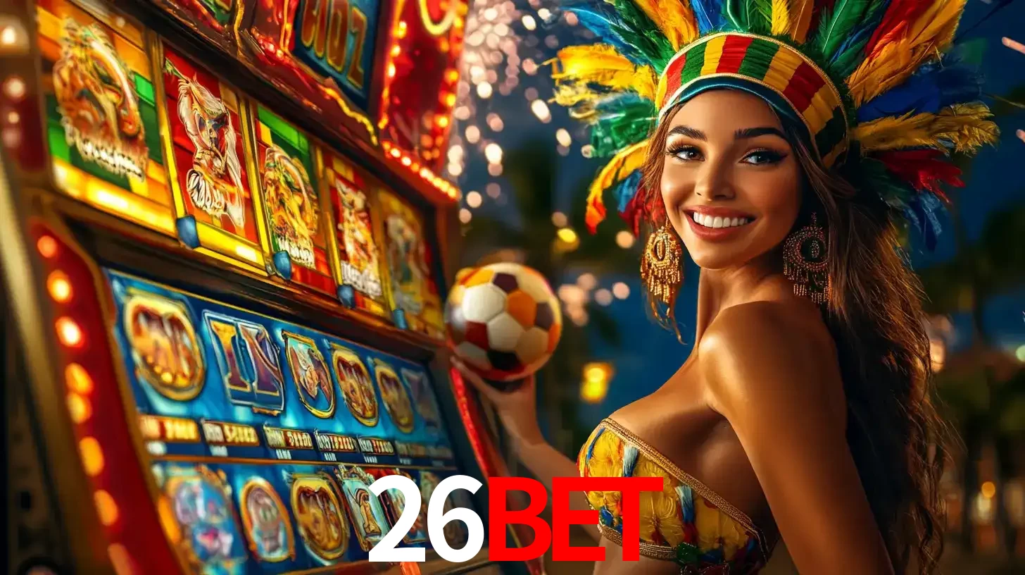 Mulher com um cocar de carnaval ao lado de uma máquina de caça-níqueis enquanto segura uma bola de futebol, mostrando a união da diversão de cassino e esportes no 26BET.