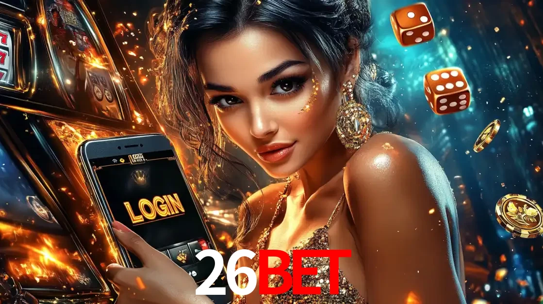 Mulher glamourosa segurando um celular com a tela de login do cassino 26BET, rodeada por dados e moedas douradas, pronta para começar a diversão.