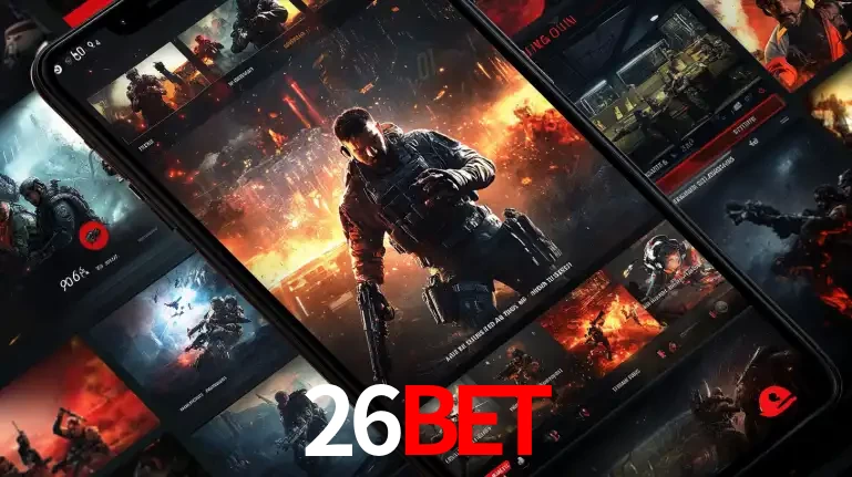 Tela de um celular exibindo uma galeria de jogos de tiro com temática militar, mostrando a variedade de e-sports disponíveis para apostas na plataforma de entretenimento 26BET.