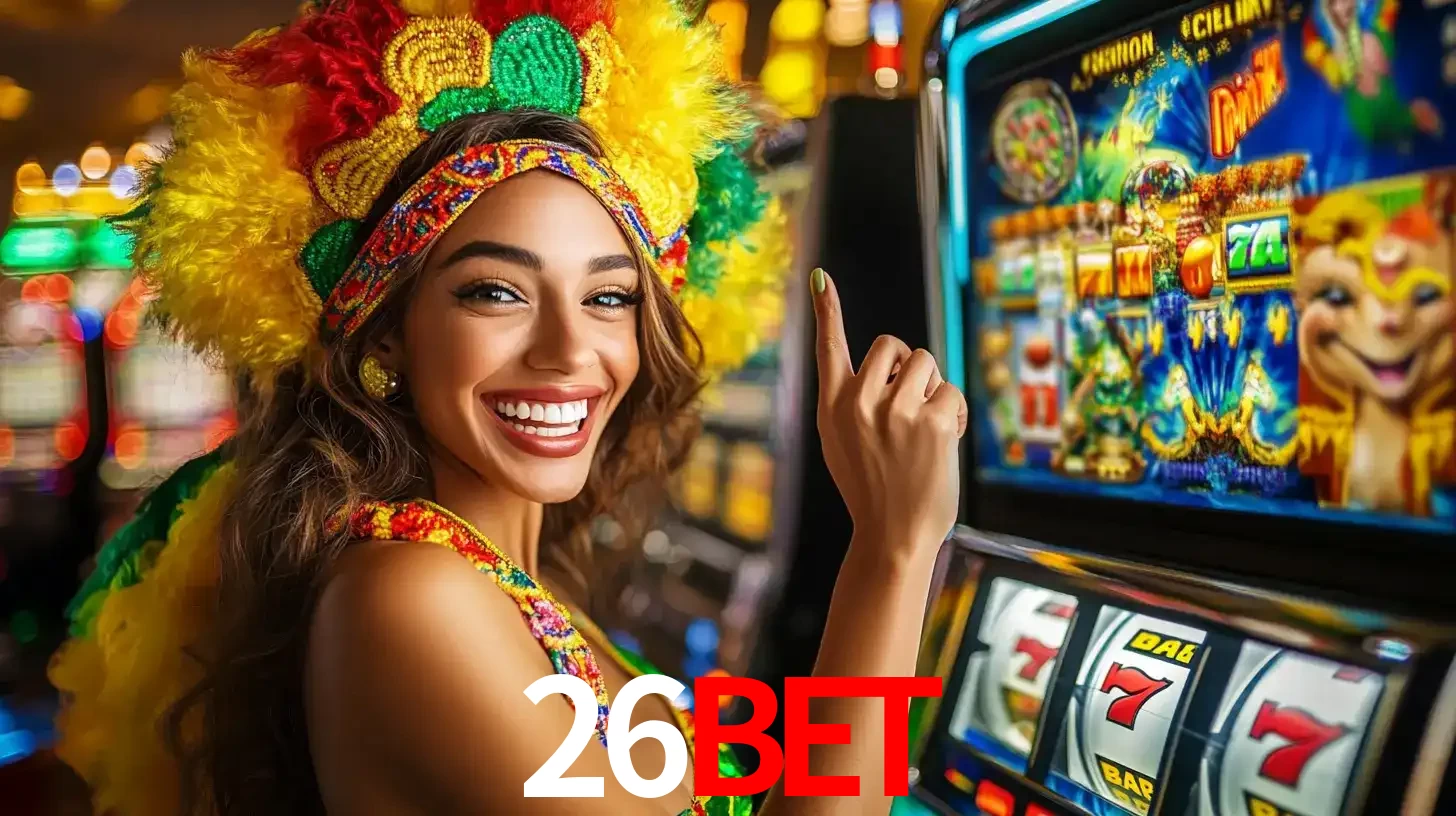Mulher animada com um cocar de carnaval apontando para uma máquina de caça-níqueis, mostrando a emoção de ganhar um grande prêmio nos jogos do 26BET.