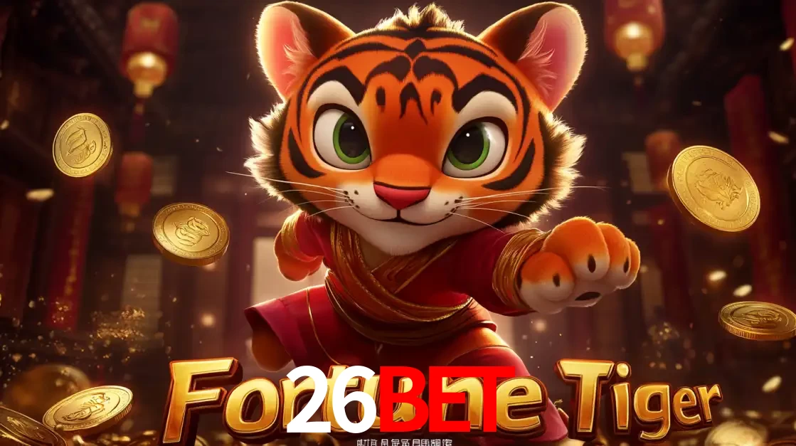 O carismático mascote do jogo de slot Fortune Tiger, um tigre fofo em pose de artes marciais, pronto para trazer sorte e multiplicadores de ganhos no cassino online 26BET.