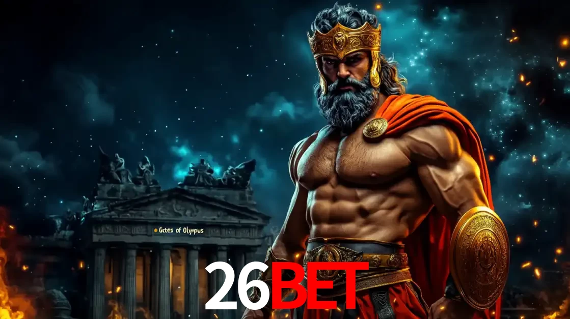 O poderoso Zeus do jogo de slot Gates of Olympus em frente ao seu templo, pronto para lançar multiplicadores divinos e prêmios épicos no cassino online 26BET.