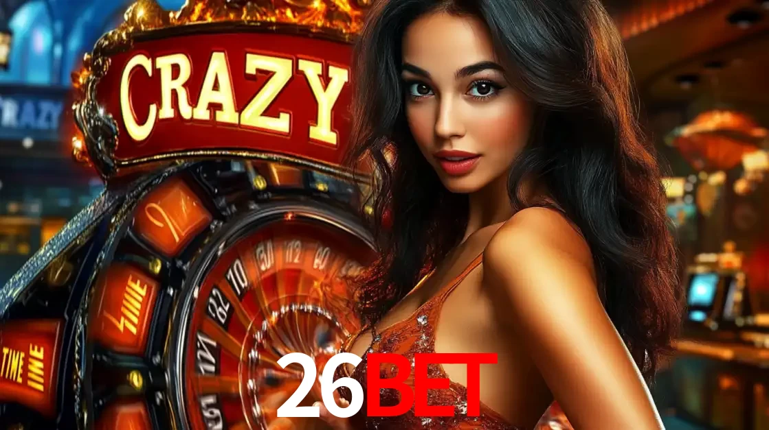 Mulher glamourosa olhando para a câmera com a roda vermelha do Crazy Time ao fundo em um ambiente de cassino, destacando a emoção dos jogos ao vivo no 26BET.