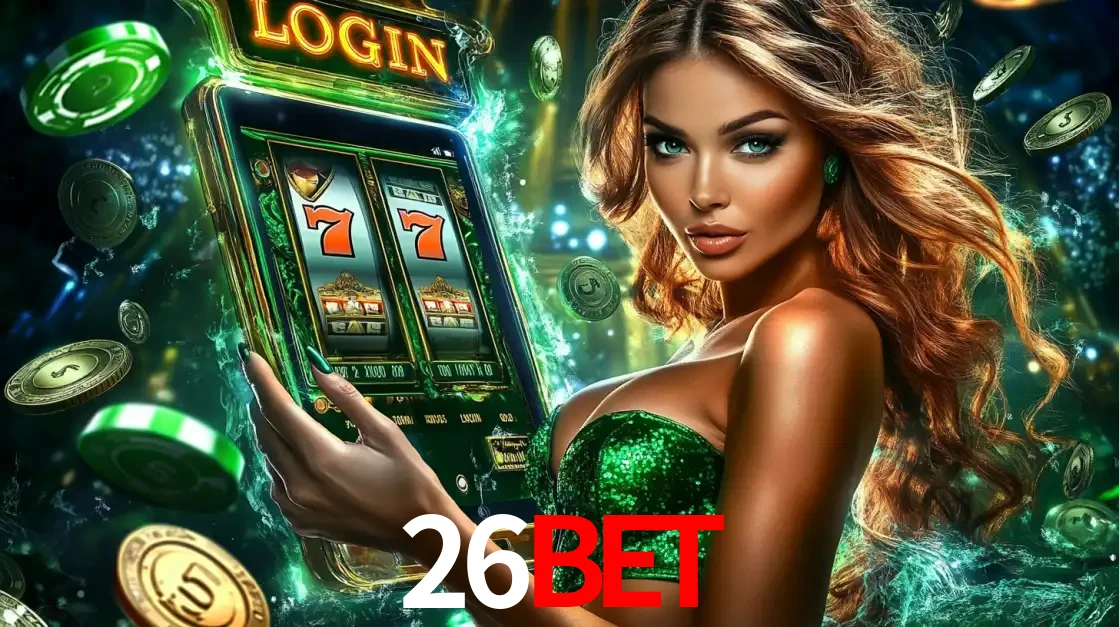 Mulher com tema verde apresentando o aplicativo do cassino 26BET com um jogo de slot de 777, cercada por fichas de cassino e uma aura de sorte.