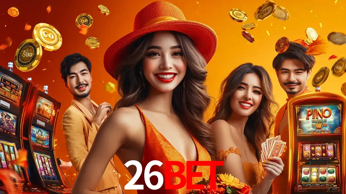 Grupo de amigos asiáticos sorrindo e se divertindo com máquinas de caça-níqueis em um ambiente festivo, celebrando suas vitórias nos jogos de cassino do 26BET.
