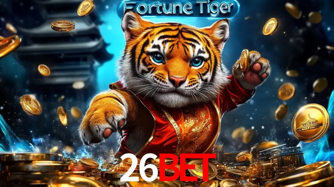 Imagem promocional do jogo de slot Fortune Tiger, com um tigre majestoso em traje tradicional cercado por uma fortuna em moedas de ouro, disponível agora no cassino 26BET.