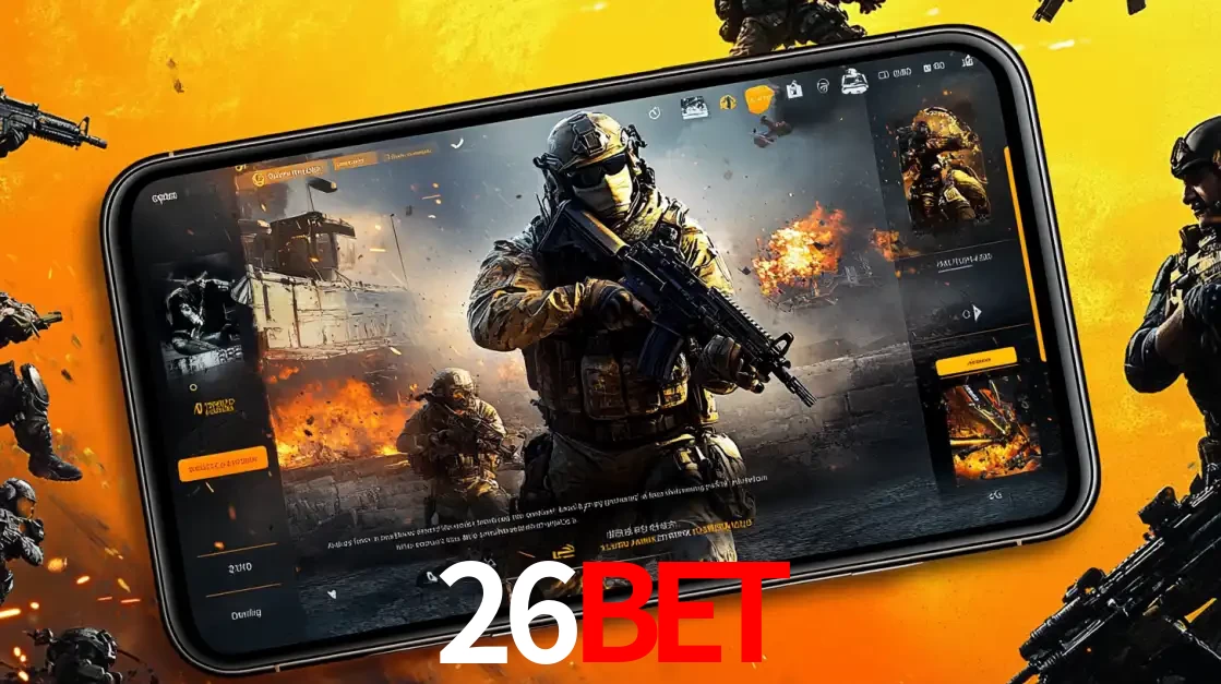 Um smartphone exibindo a interface de um jogo de tiro em primeira pessoa, com um soldado em um cenário de batalha, representando a ação dos e-sports para apostar no 26BET.
