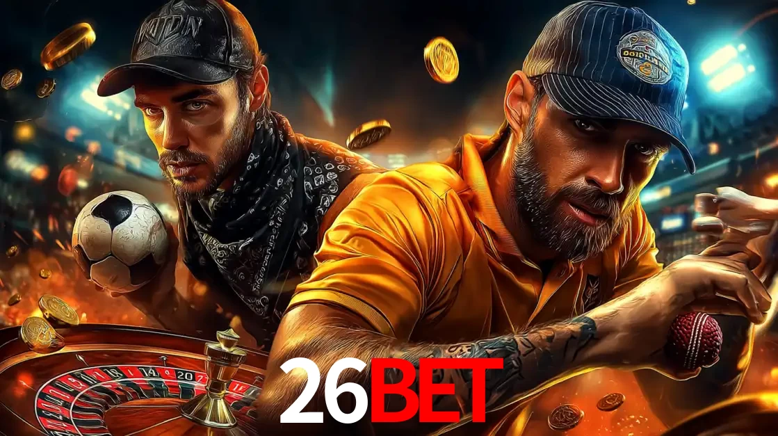 Montagem de apostas esportivas e cassino no 26BET, com um homem segurando uma bola de futebol e outro uma de beisebol sobre uma roleta e moedas voadoras.