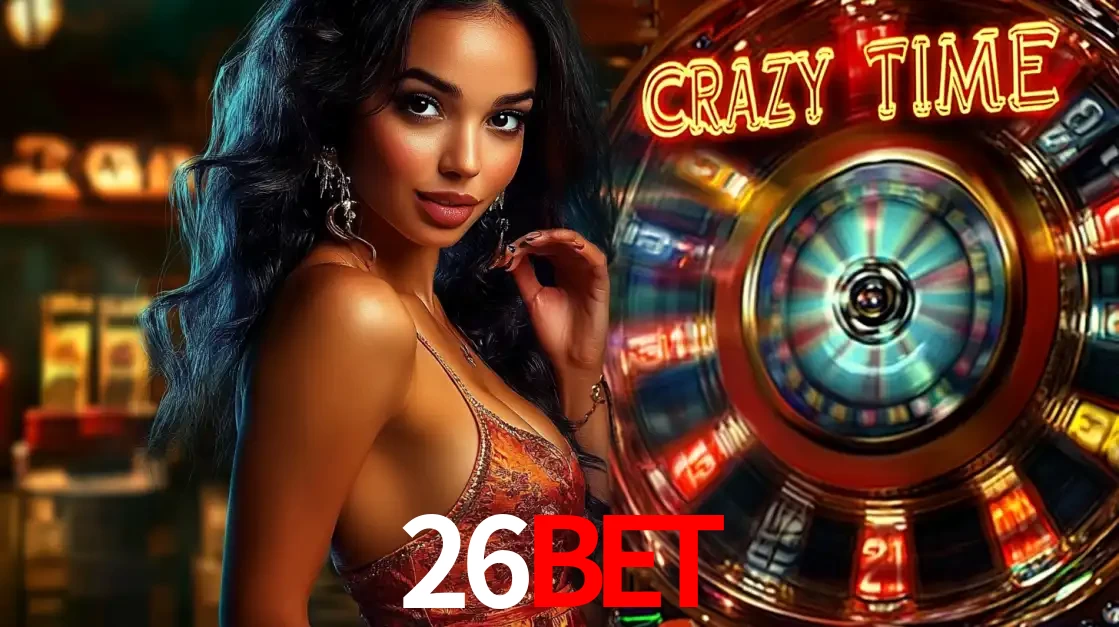 Mulher elegante ao lado da vibrante roda da fortuna do jogo de cassino ao vivo Crazy Time, um dos game shows mais populares e cheios de prêmios do 26BET.