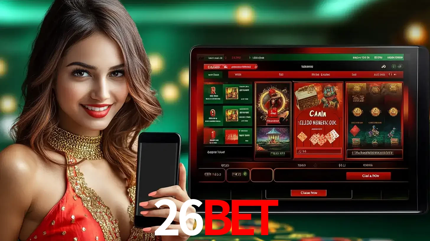 Mulher sorridente segurando um smartphone, ao lado de uma tela exibindo o lobby de jogos do cassino online 26BET, com várias opções de jogos de cartas e slots.